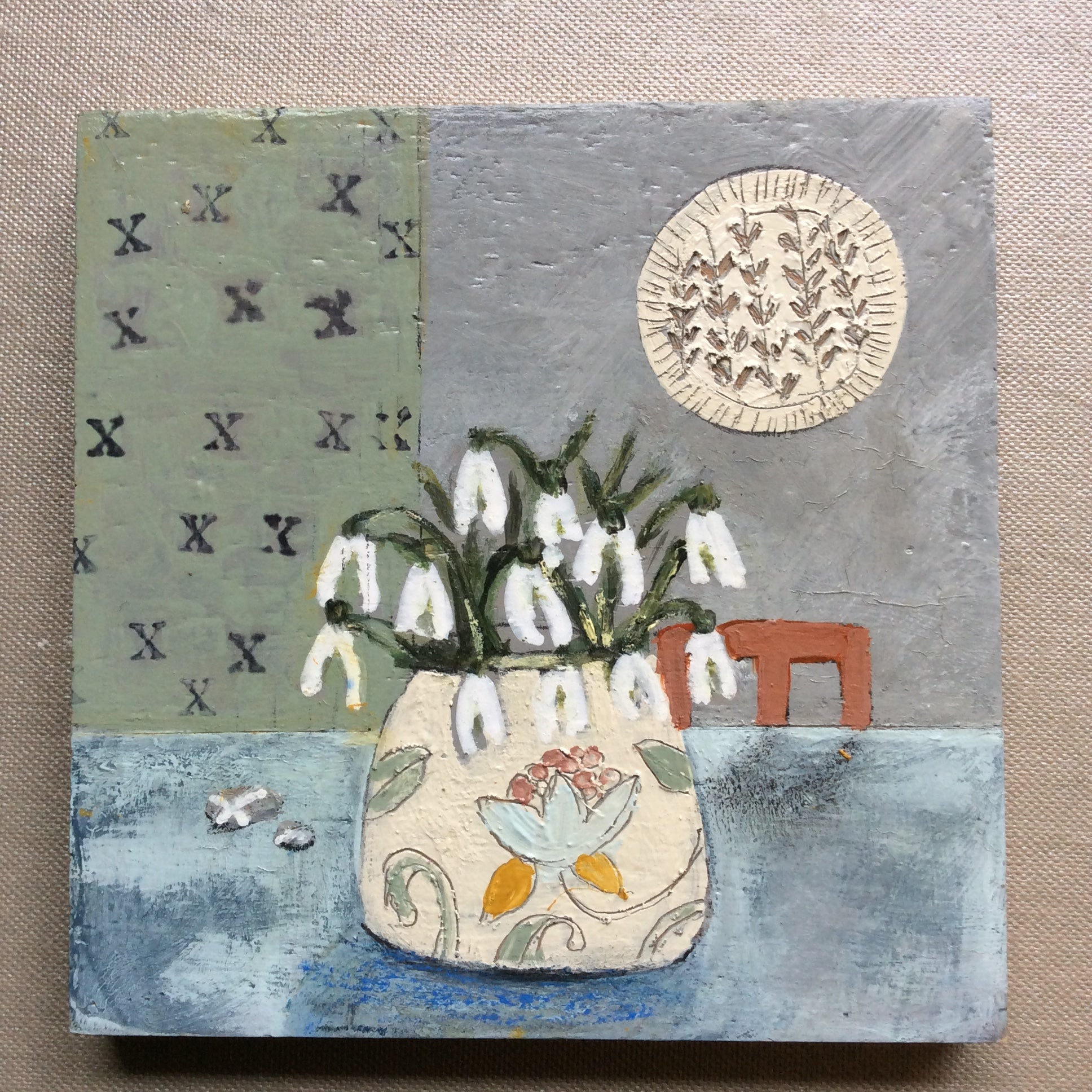Mixed Media art on wood By Louise O’Hara  “Hanging plate”
