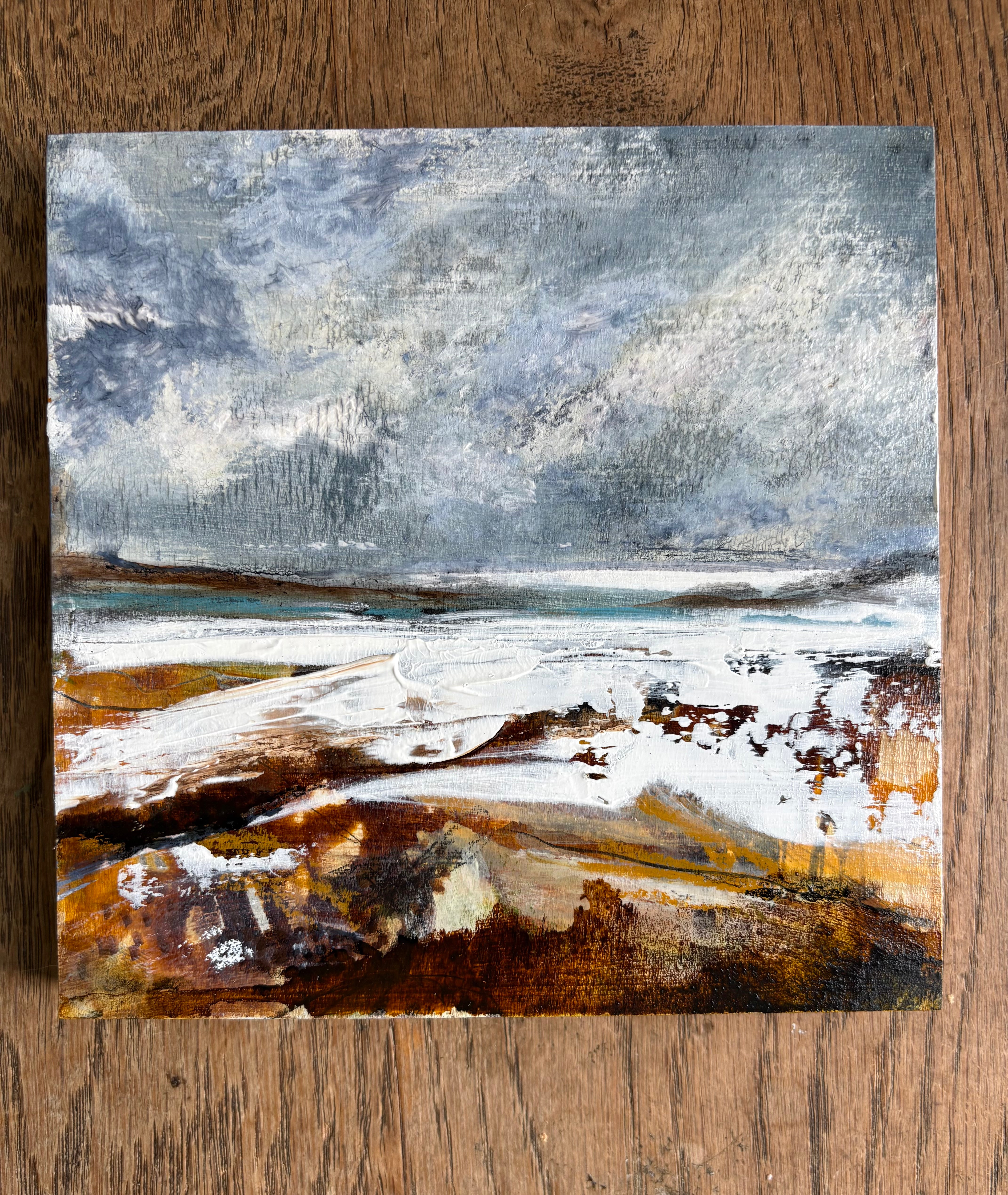 Mixed Media art on wood By  Louise O’Hara “Snow clouds across the horizon”