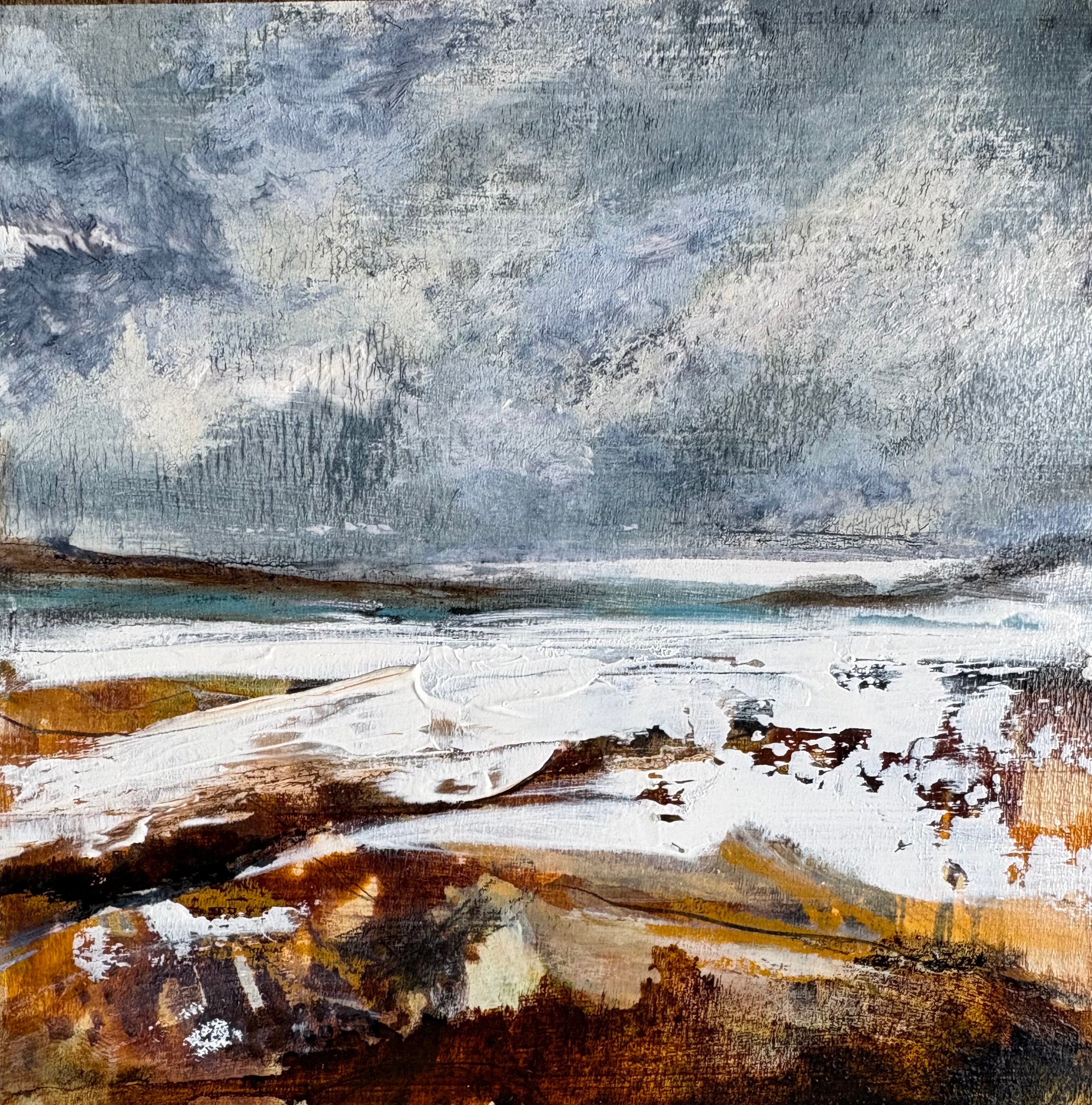 Mixed Media art on wood By  Louise O’Hara “Snow clouds across the horizon”