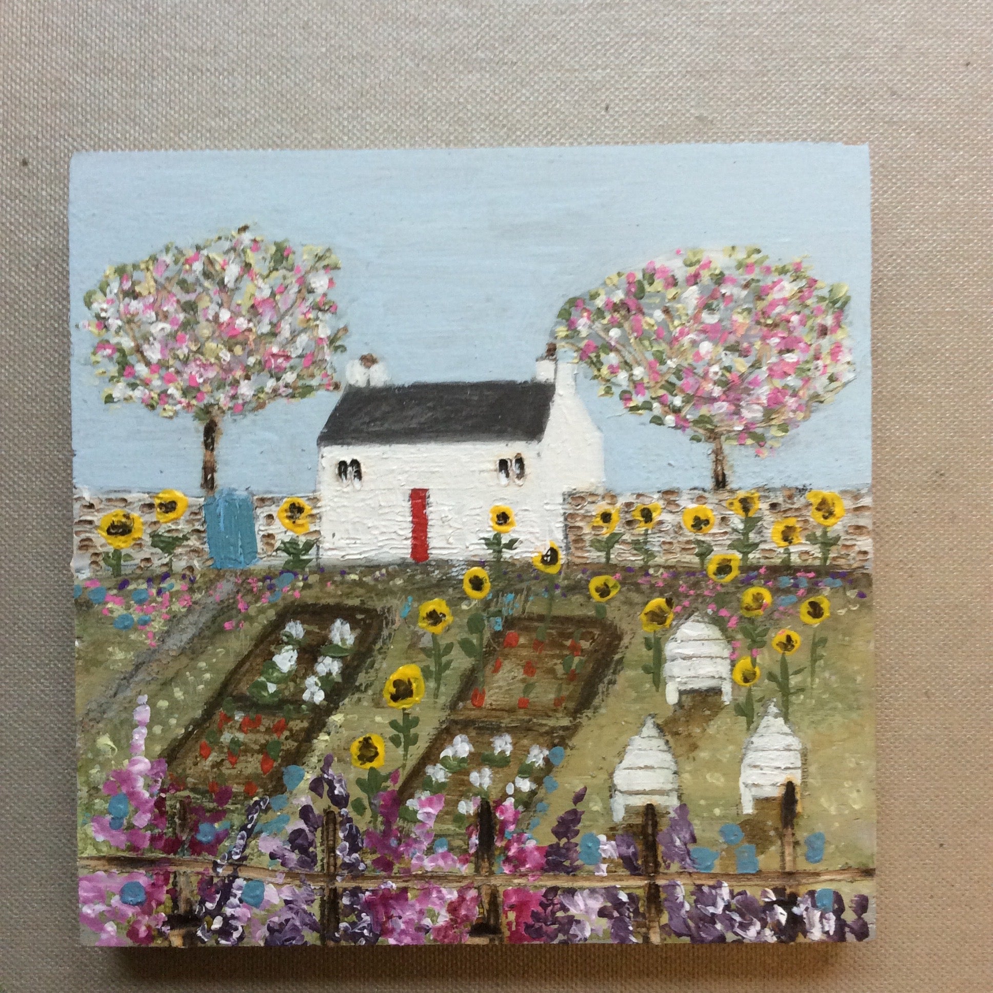 Mixed Media  art on wood By Louise O’Hara  “Allotment Cottage”