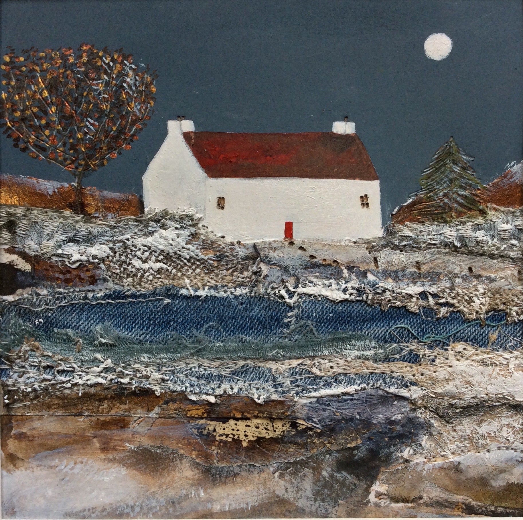 Mixed Media Art By Louise O'Hara “An icy pond by moonlight”