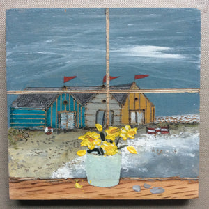 Mixed Media art on wood By Louise O’Hara  “The Beach Huts”