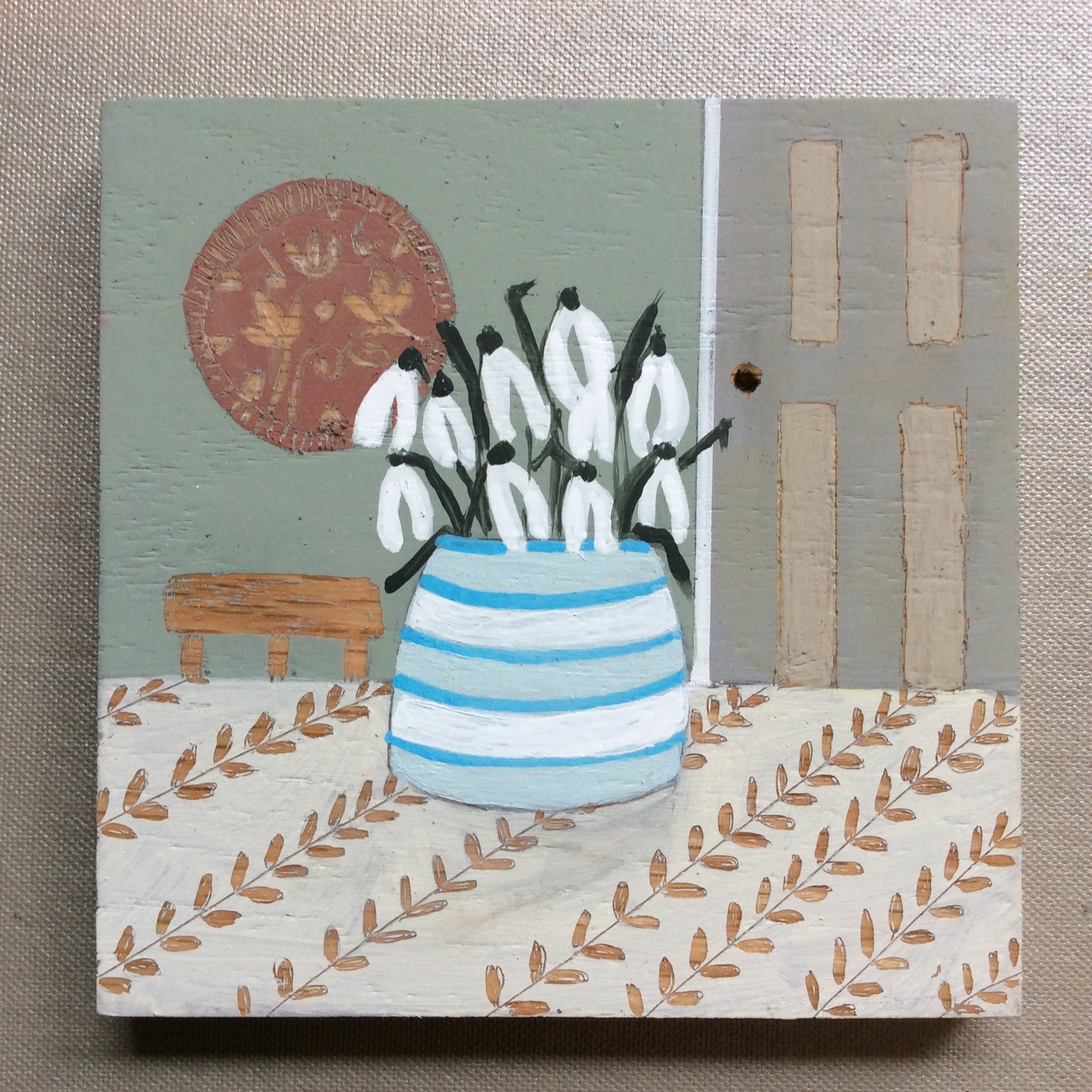 Mixed Media art on wood By Louise O’Hara “Snowdrops in the kitchen”
