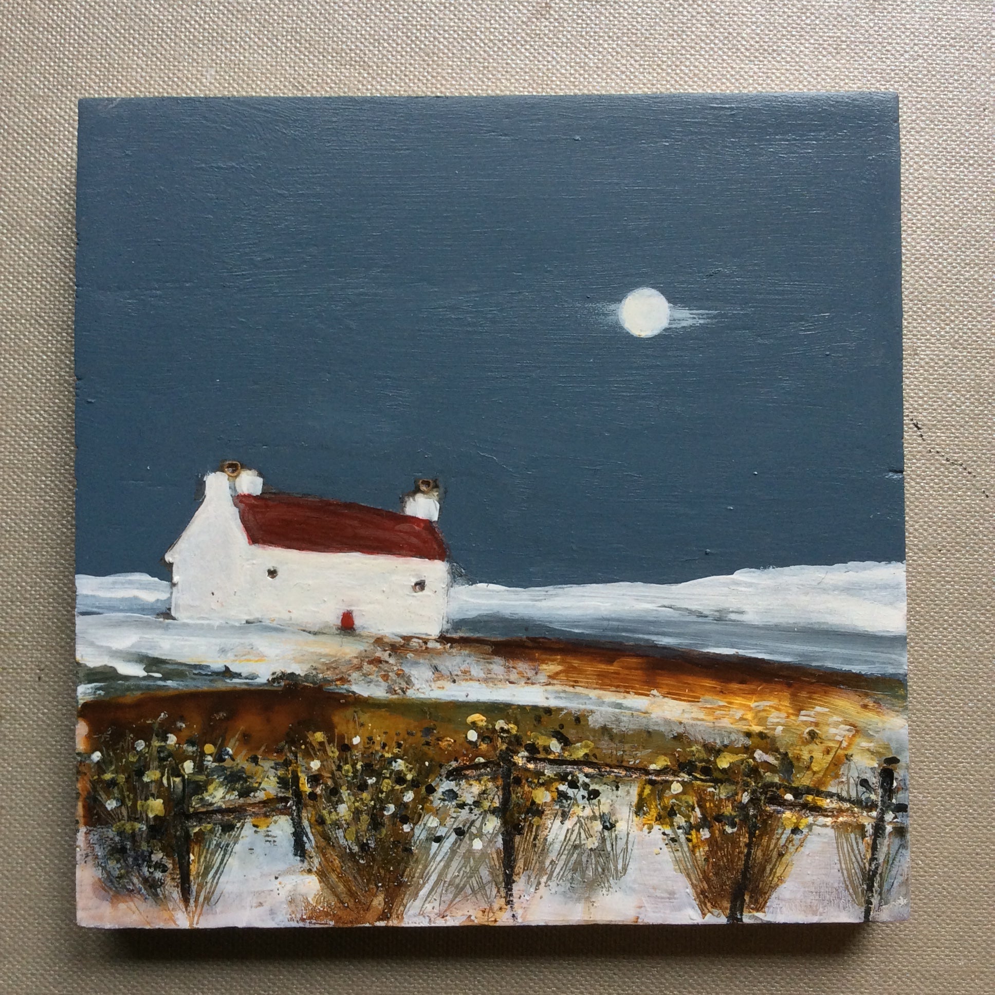 Mixed Media art on wood By Louise O’Hara “A croft by moonlight”