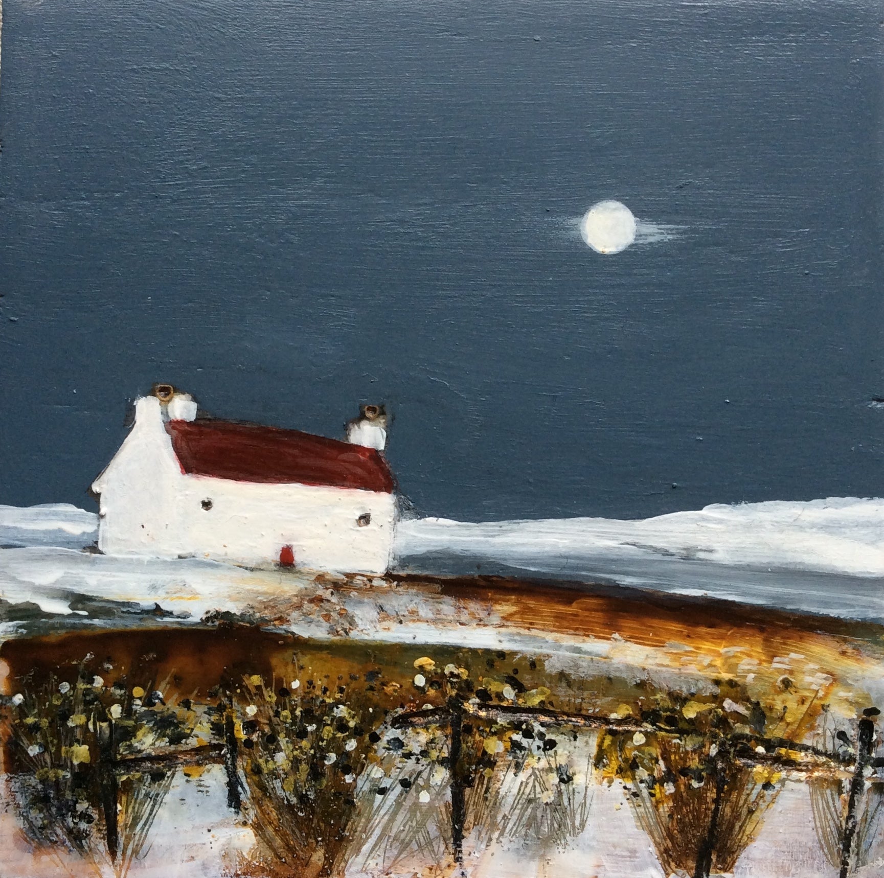 Mixed Media art on wood By Louise O’Hara “A croft by moonlight”