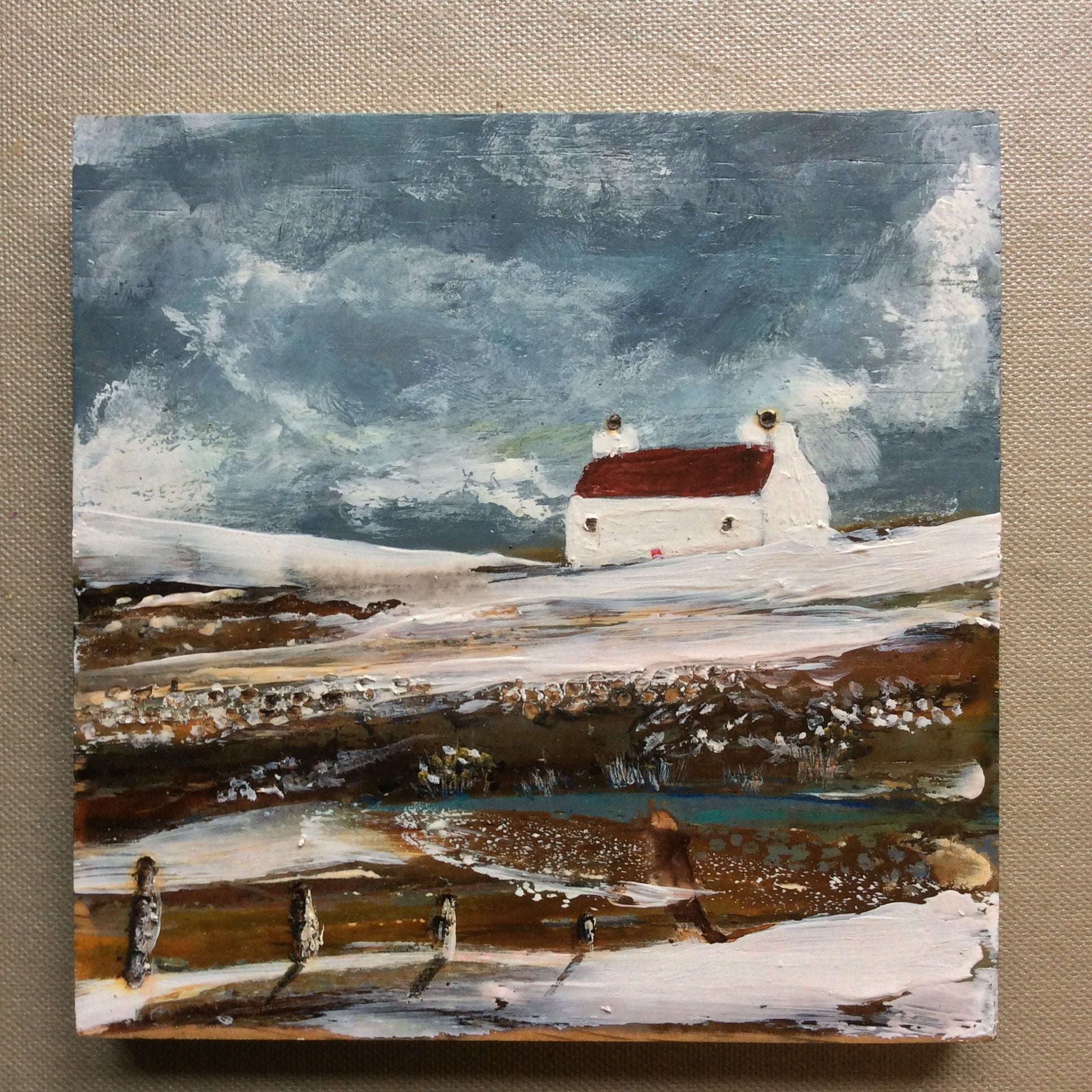 Mixed Media art on wood By Louise O’Hara “Snowfall at The Tarn”