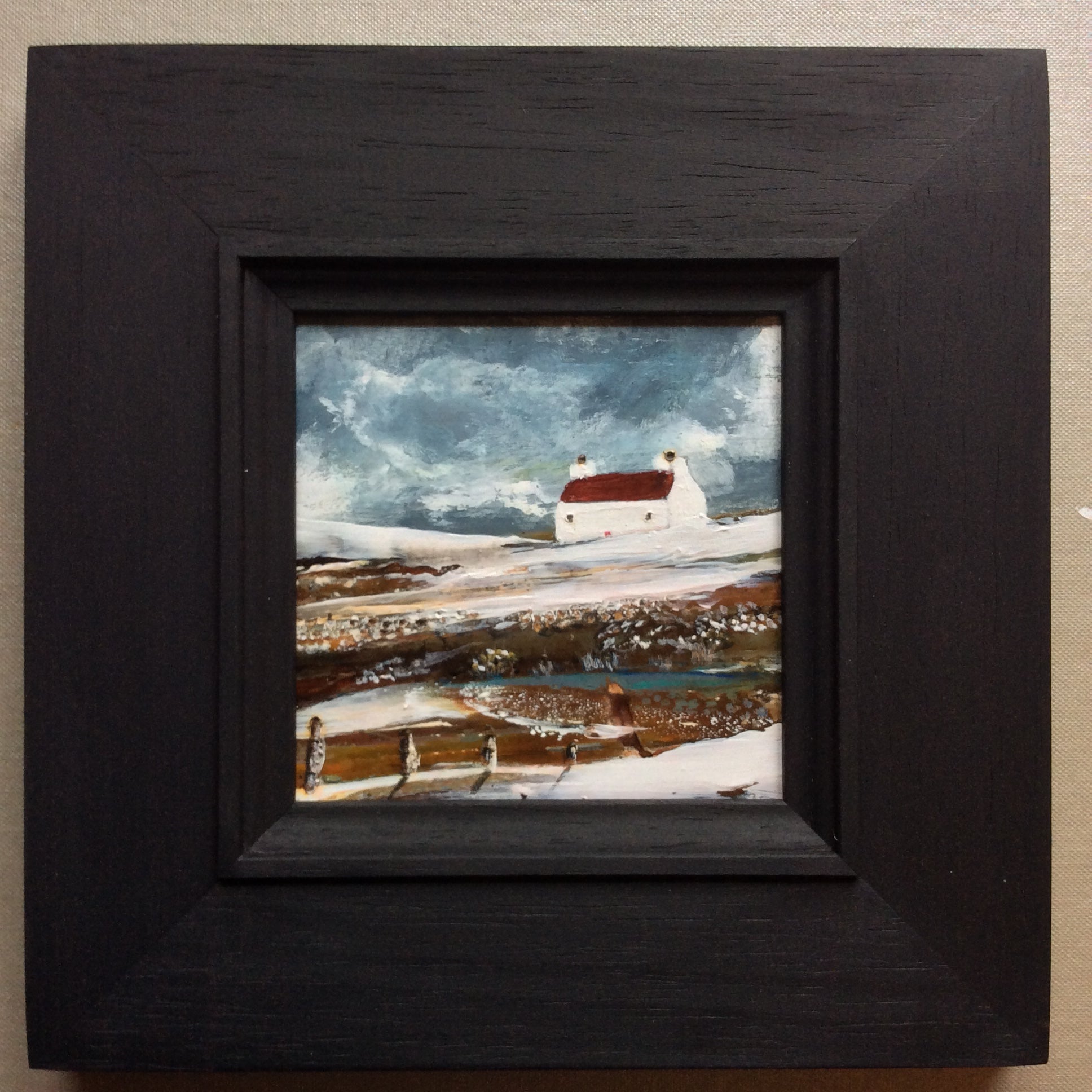 Mixed Media art on wood By Louise O’Hara “Snowfall at The Tarn”