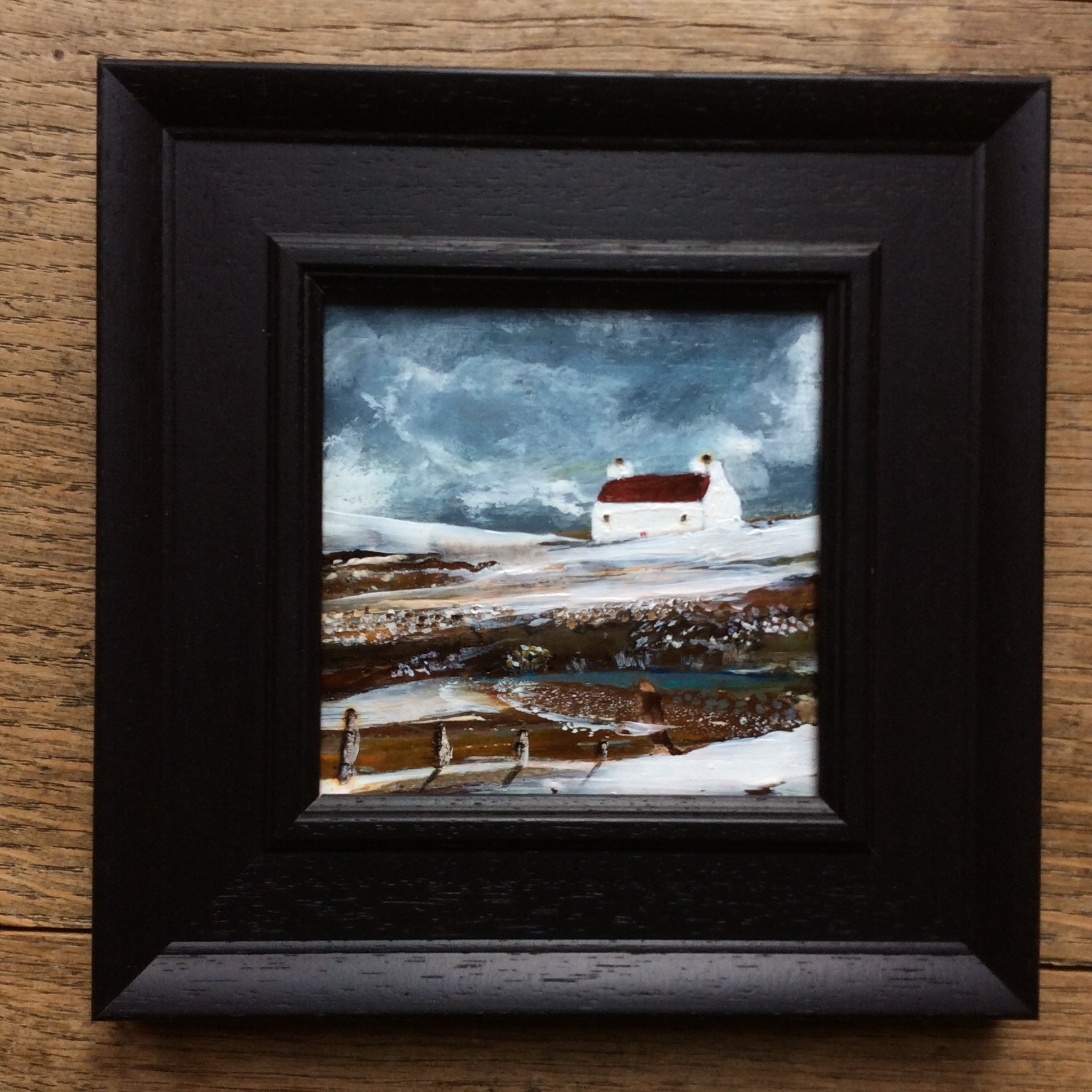 Mixed Media art on wood By Louise O’Hara “Snowfall at The Tarn”