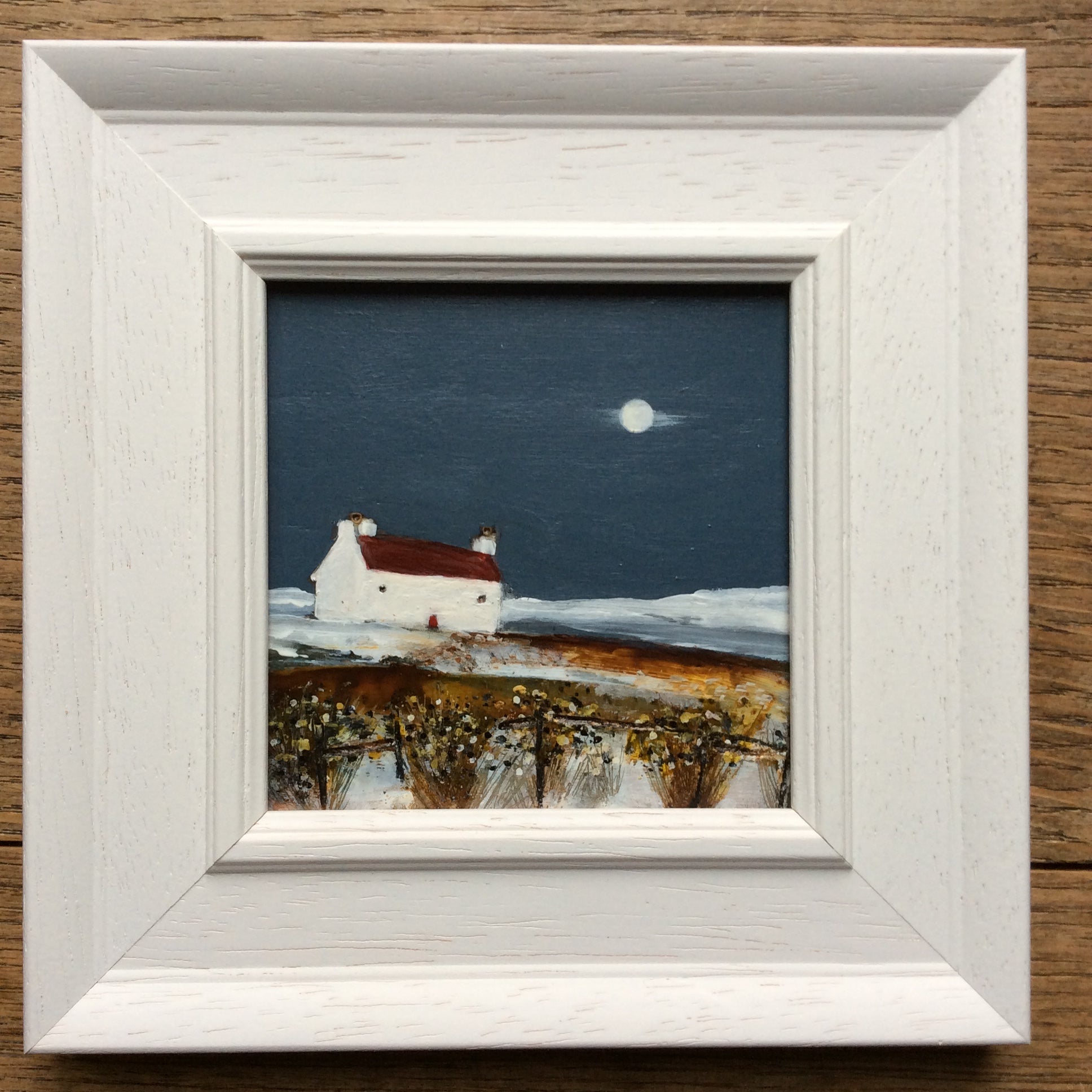 Mixed Media art on wood By Louise O’Hara “A croft by moonlight”