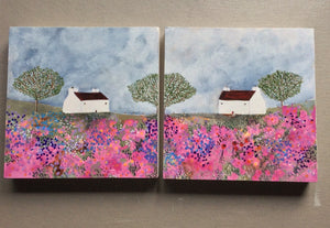 Mixed Media art on wood By Louise O’Hara “A Meadow dressed in pinks”