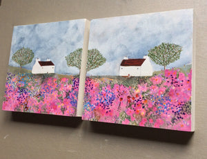 Mixed Media art on wood By Louise O’Hara “A Meadow dressed in pinks”