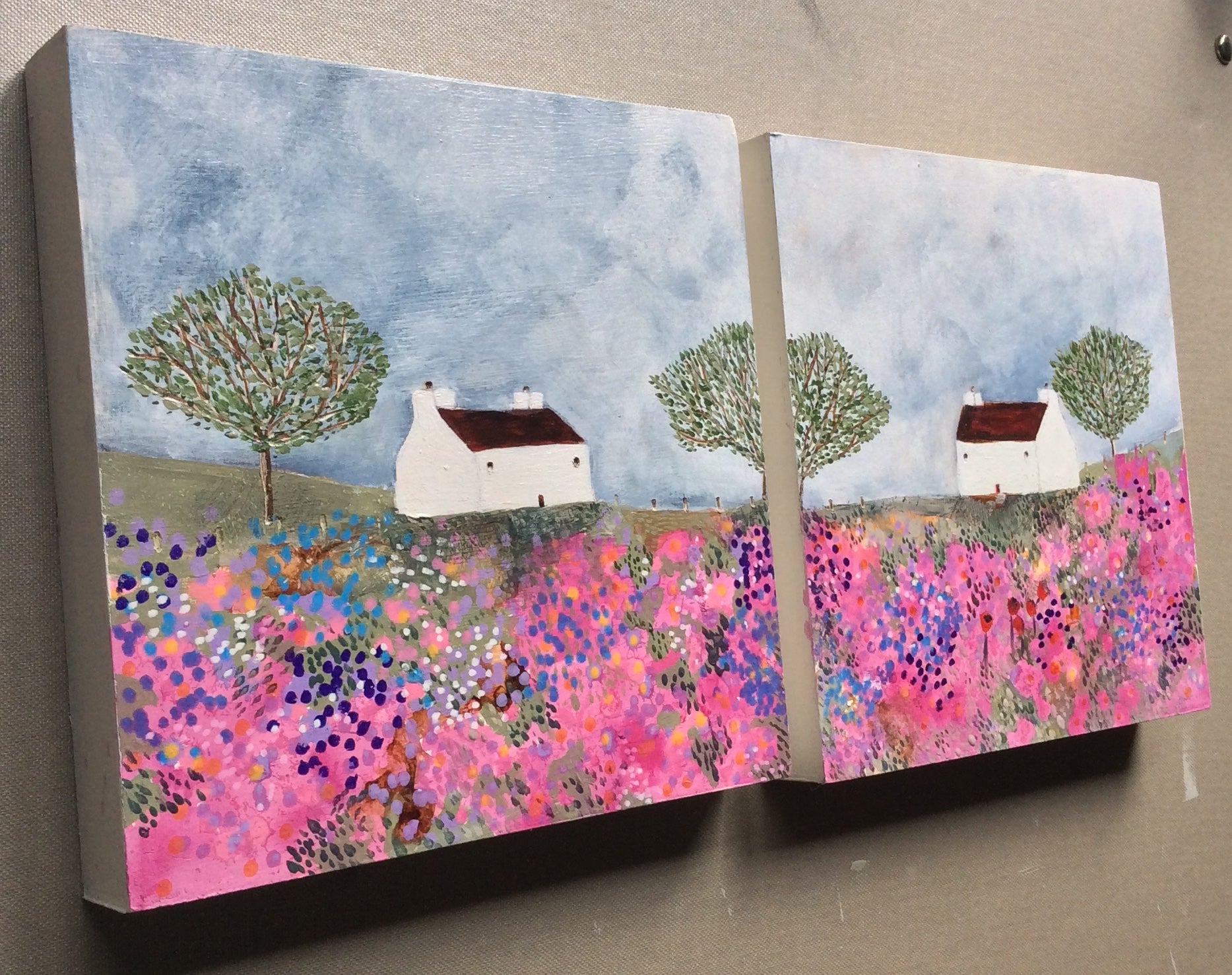 Mixed Media art on wood By Louise O’Hara “A Meadow dressed in pinks”