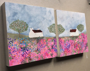 Mixed Media art on wood By Louise O’Hara “A Meadow dressed in pinks”