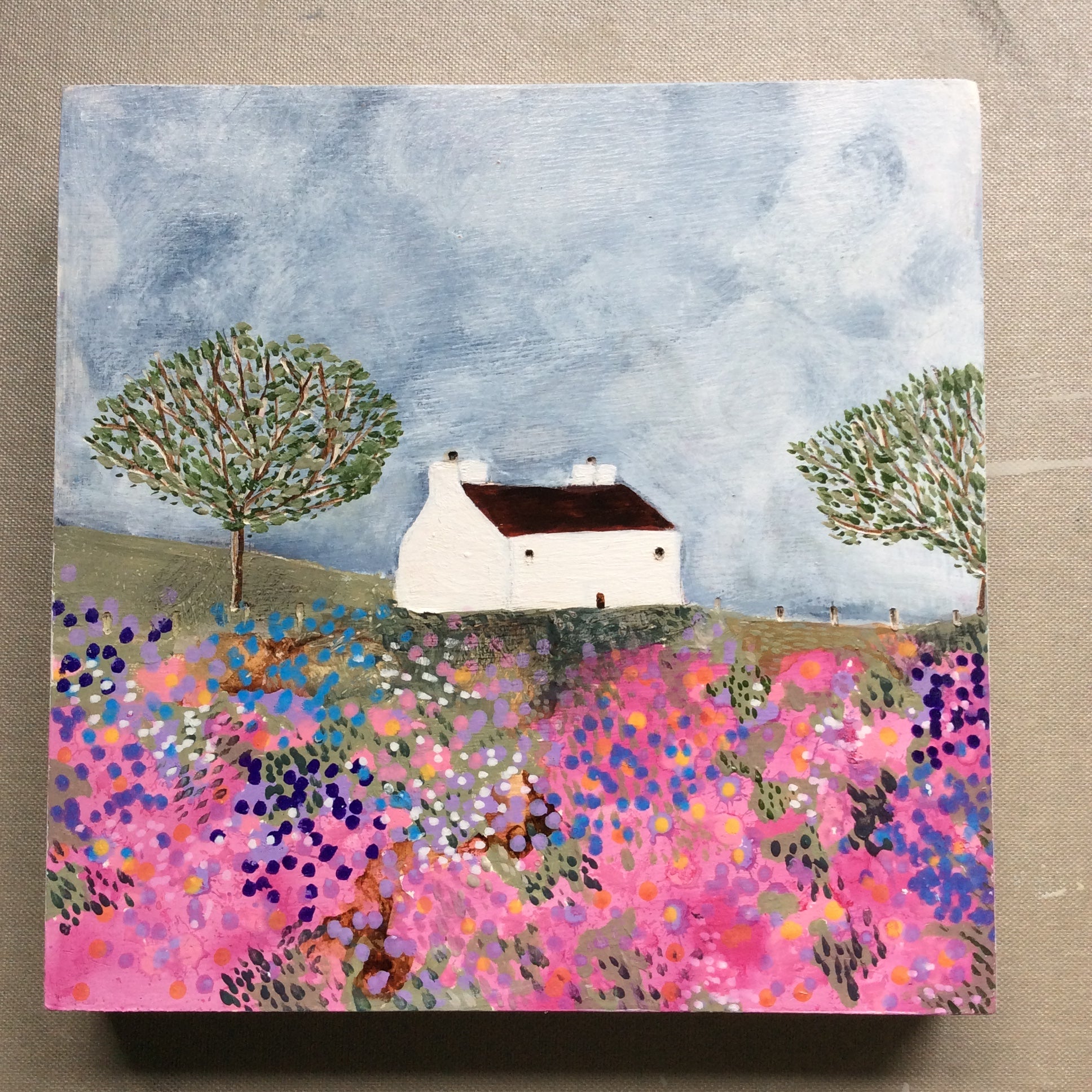 Mixed Media art on wood By Louise O’Hara “A meadow dressed in pink 1”