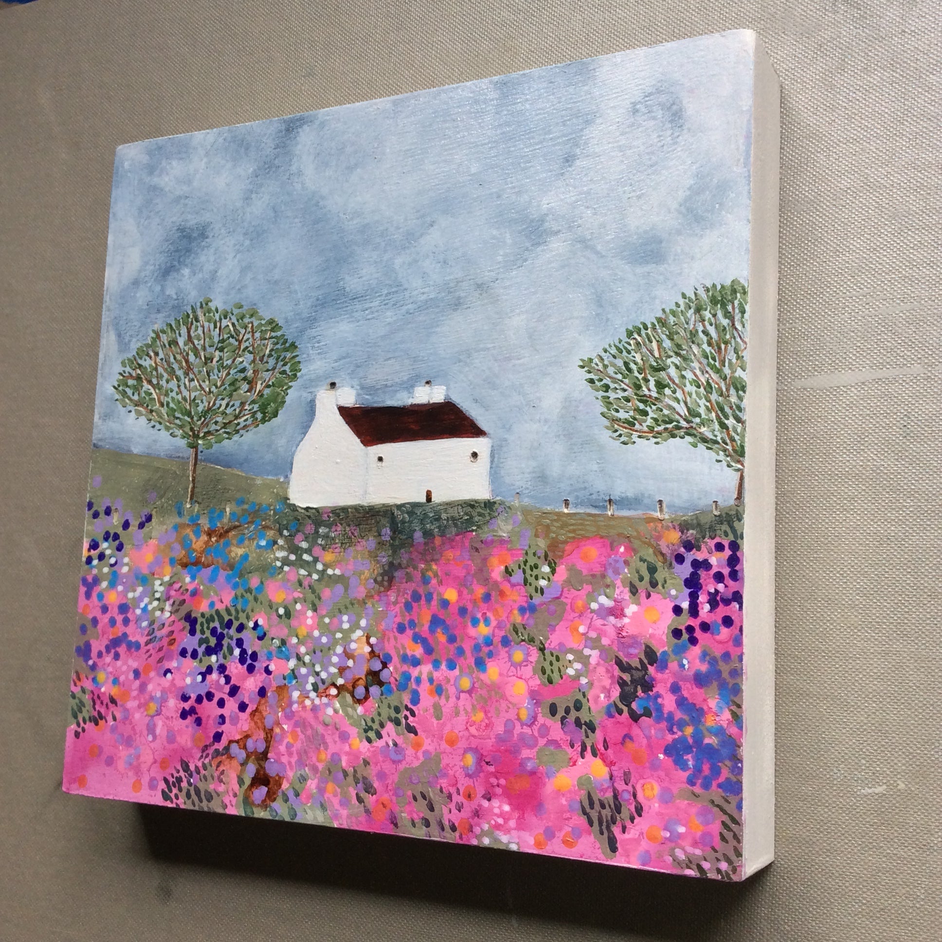Mixed Media art on wood By Louise O’Hara “A meadow dressed in pink 1”