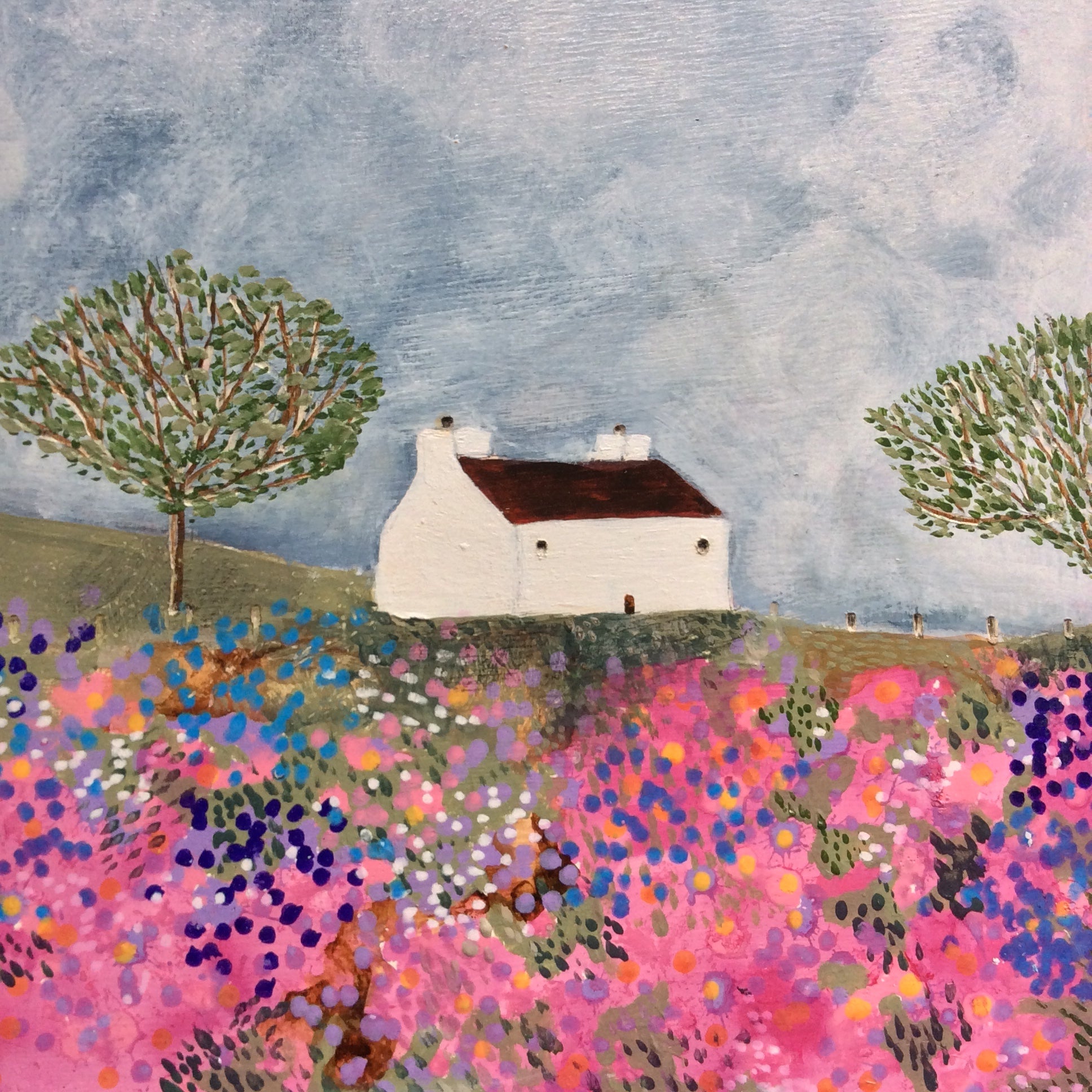 Mixed Media art on wood By Louise O’Hara “A meadow dressed in pink 1”