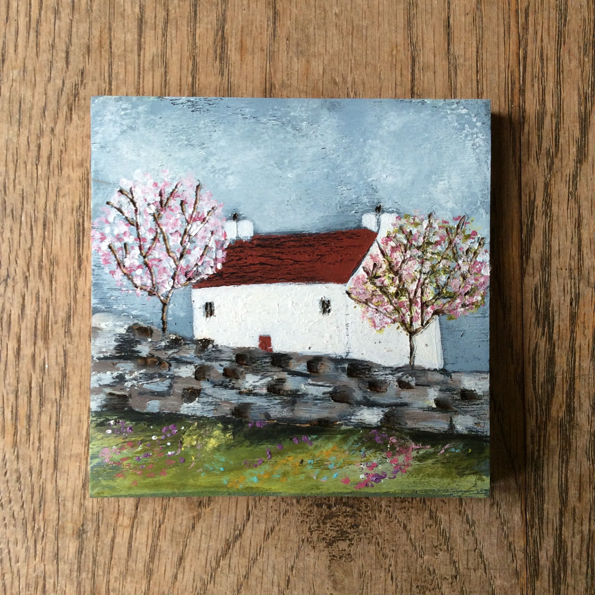 Mixed Media Art on wood By Louise O'Hara - "The Cottage nestled between the cherry blossoms”