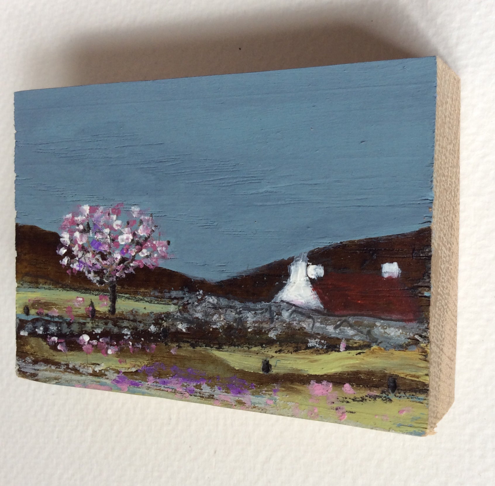 Miniature Mixed Media Art on wood By Louise O'Hara - "Spring blossom”