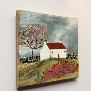 Mixed Media Art on wood By Louise O'Hara - "Flowers in bloom at Cherrywood Cottage”