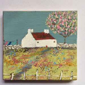 Mini Mixed Media Art on wood By Louise O'Hara - "The old picket fence”