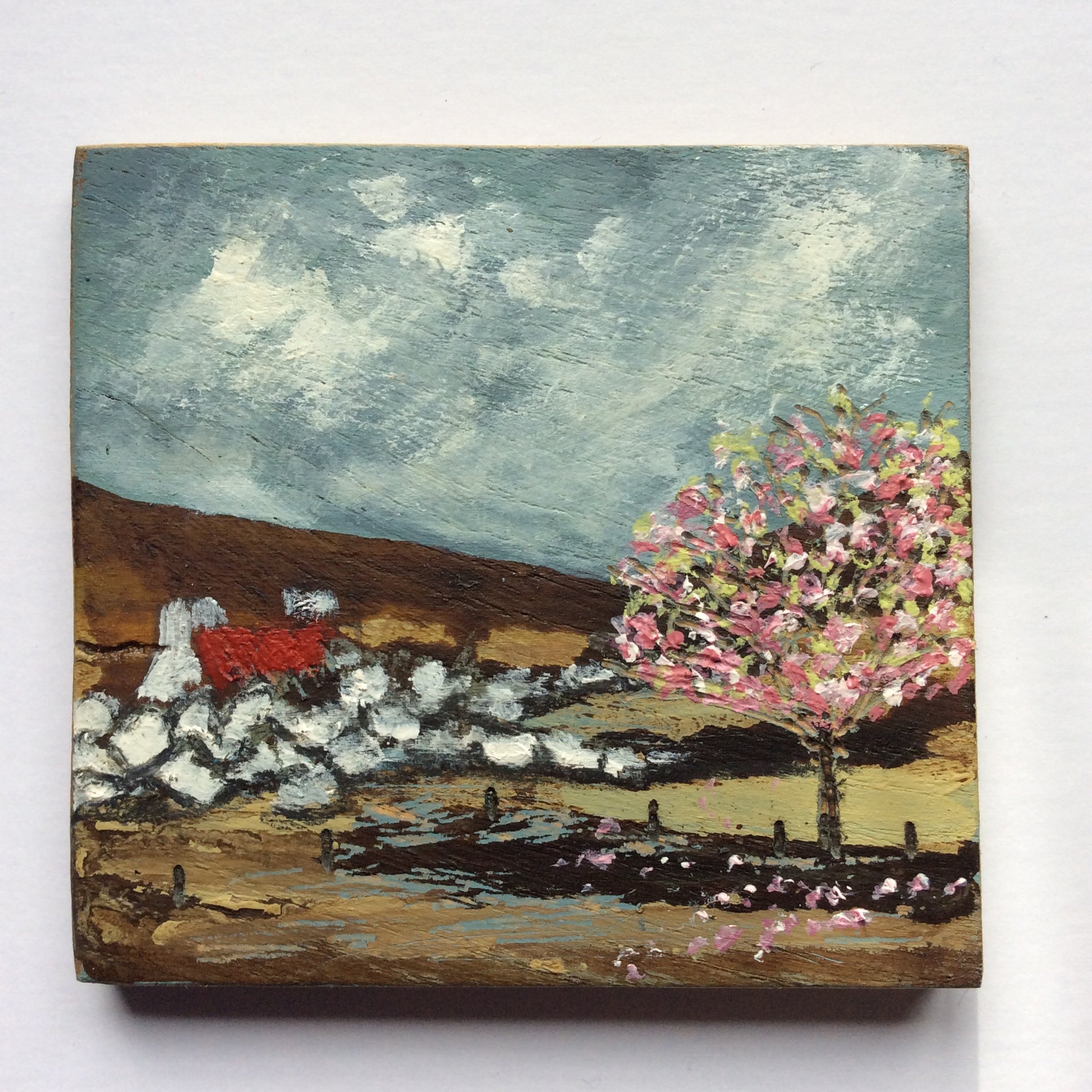 Mini Mixed Media Art on wood By Louise O'Hara - "The old white washed wall"