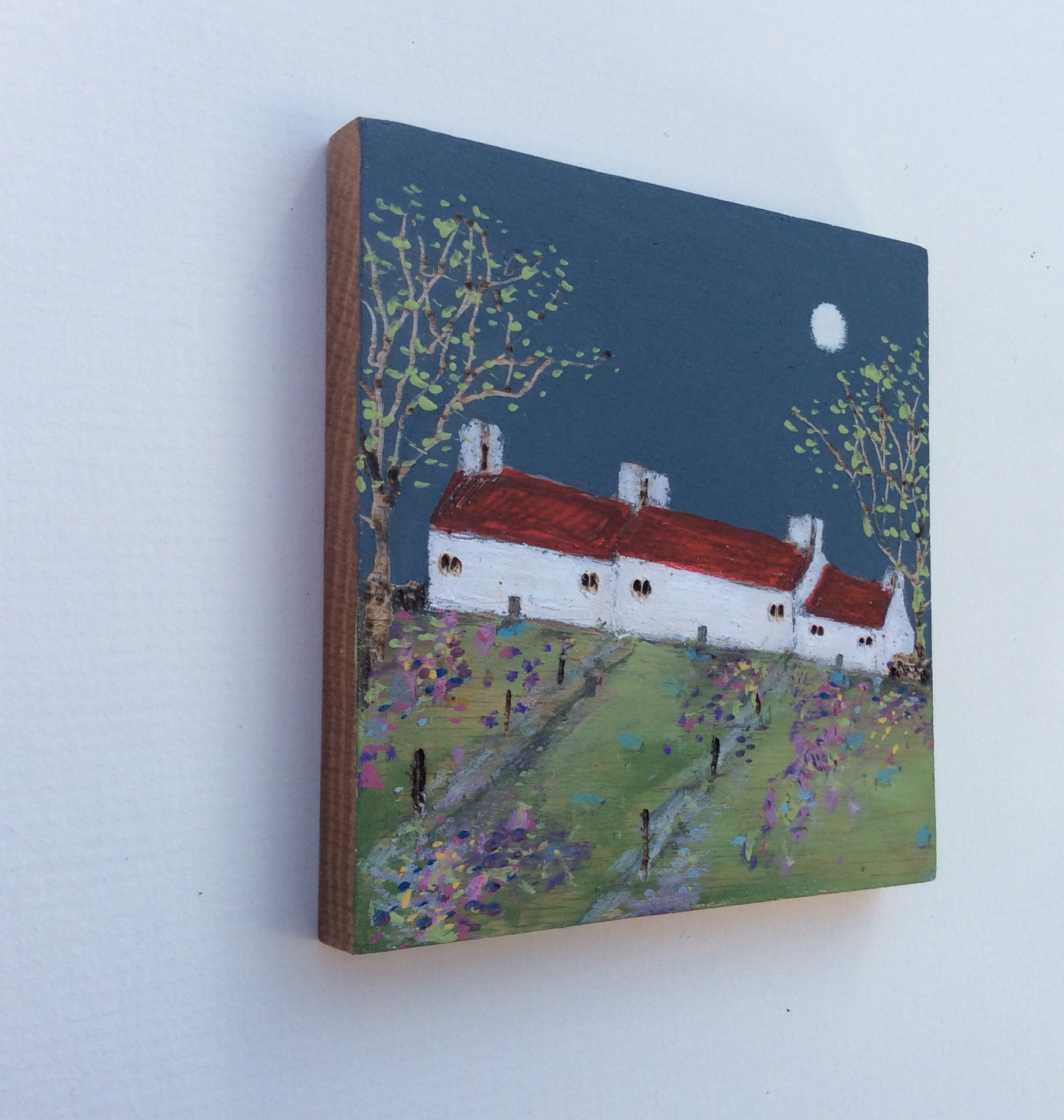 Mixed Media Art on wood By Louise O'Hara - "A row of cottages in early Spring”