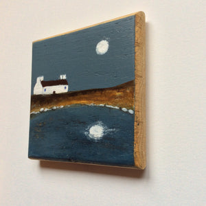 Mini Mixed Media Art on wood By Louise O'Hara - "Lit by the Wolf Moon”