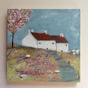 Mini Mixed Media Art on wood By Louise O'Hara - "Along the path to Blossom Cottage"