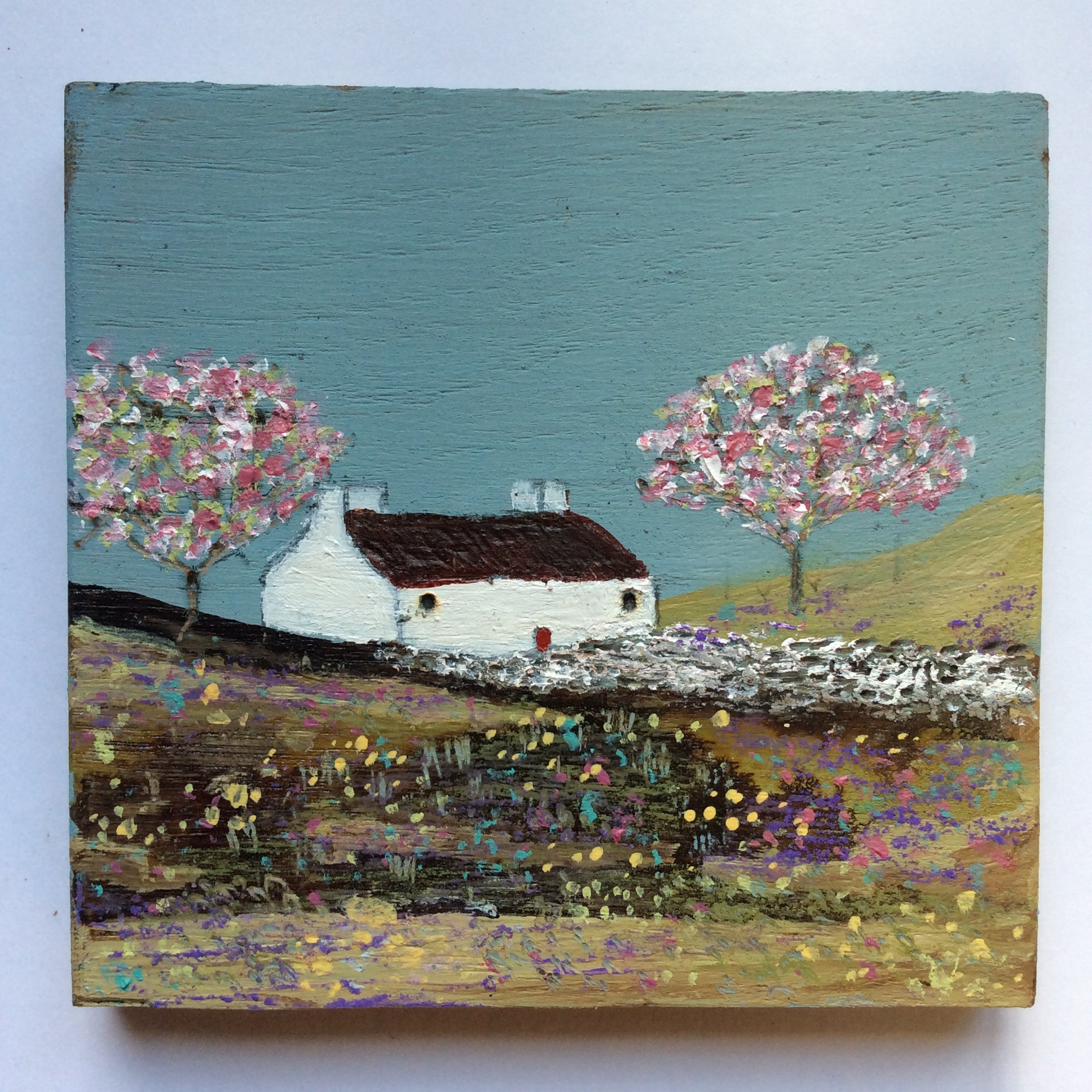 Mini Mixed Media Art on wood By Louise O'Hara - "A mid summer meadow”