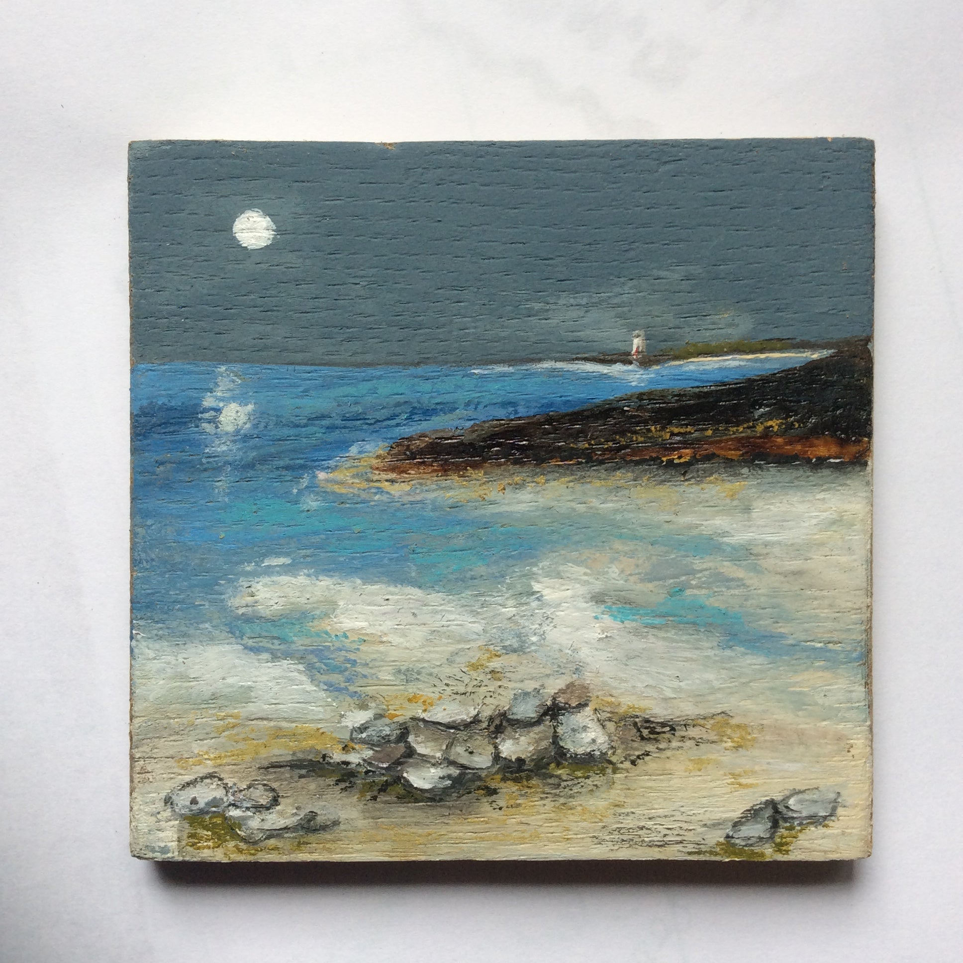 Mixed Media Art on wood By Louise O'Hara - "A lighthouse in the distance”