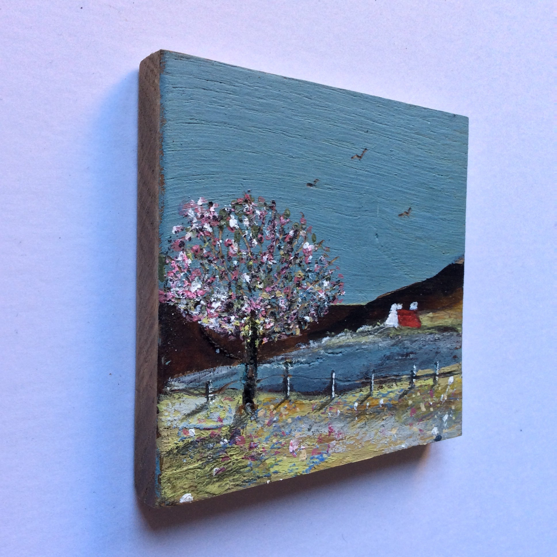 Mini Mixed Media Art on wood By Louise O'Hara - "Spring has arrived"