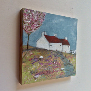 Mini Mixed Media Art on wood By Louise O'Hara - "Along the path to Blossom Cottage"