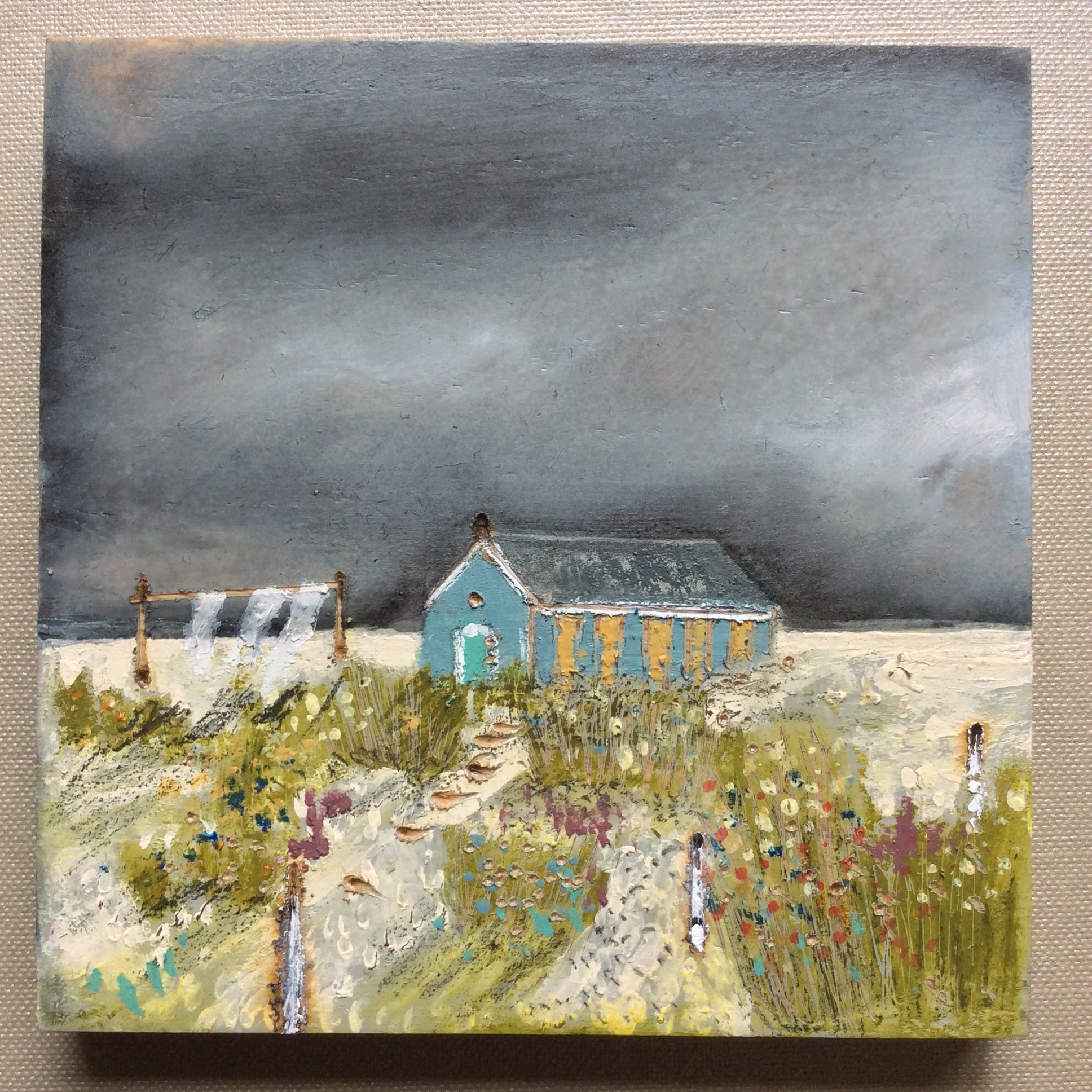 Mixed Media Art on wood By Louise O'Hara - "A beach hut in blue”