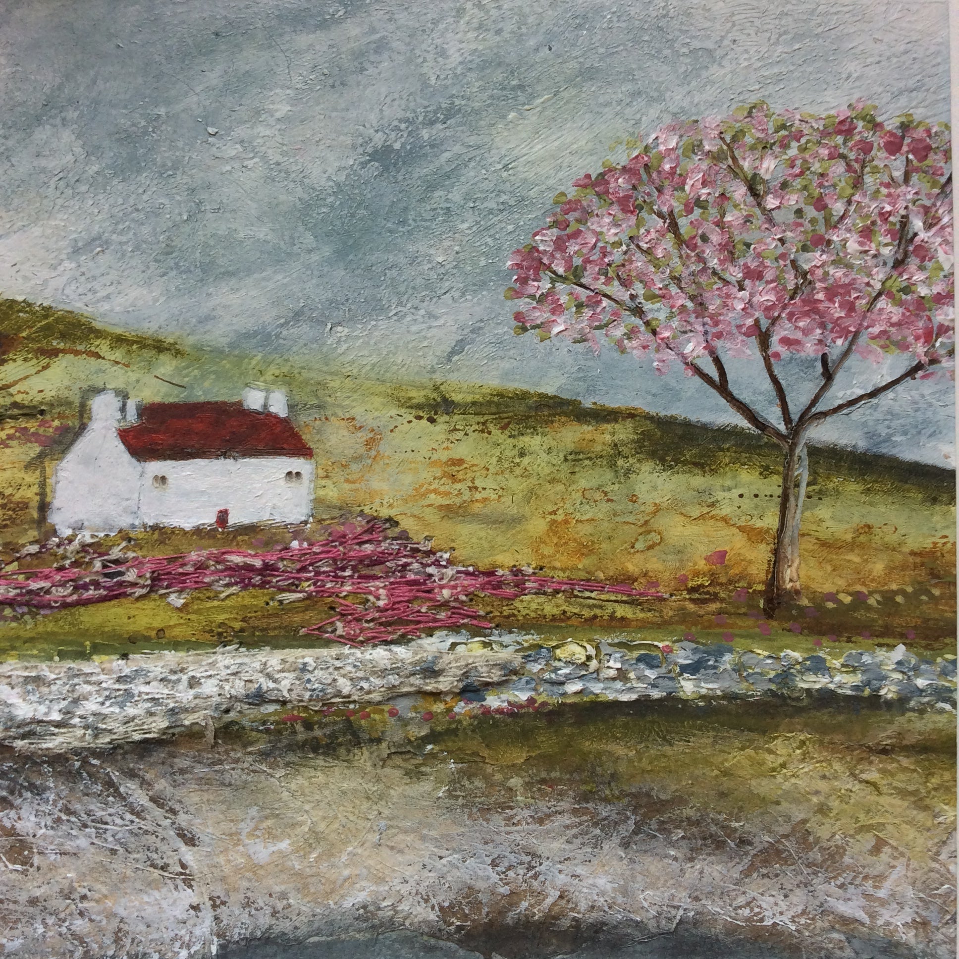 Mixed Media Art By Louise O'Hara “A blossom tree by the lake”