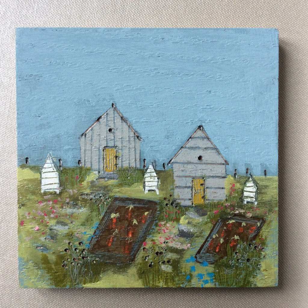Mixed Media Art on wood By Louise O'Hara - "A quiet moment on the allotment”