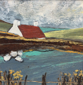 Mixed Media Art on wood By Louise O'Hara - "A red roofed cottage by the tarn”