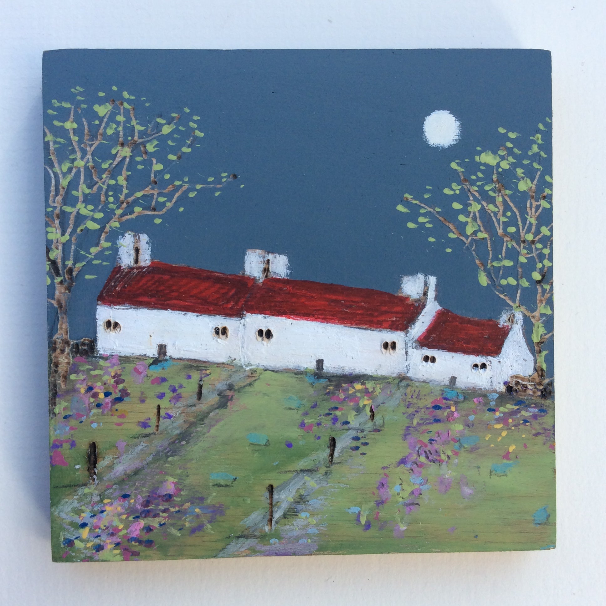 Mixed Media Art on wood By Louise O'Hara - "A row of cottages in early Spring”