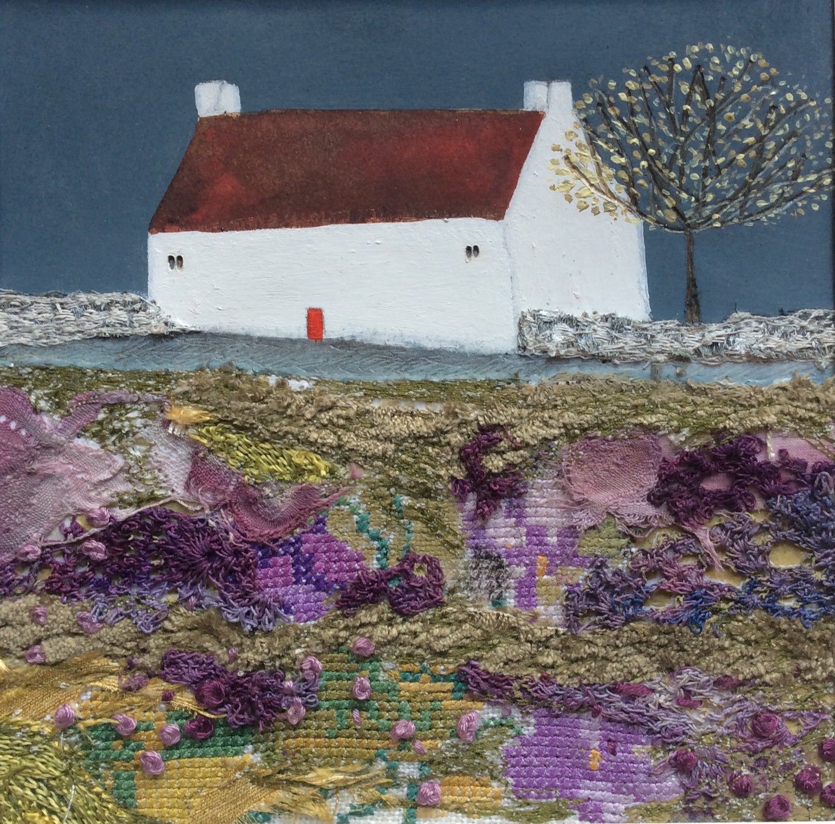 Mixed Media Art By Louise O'Hara “Cross Stitch Cottage”