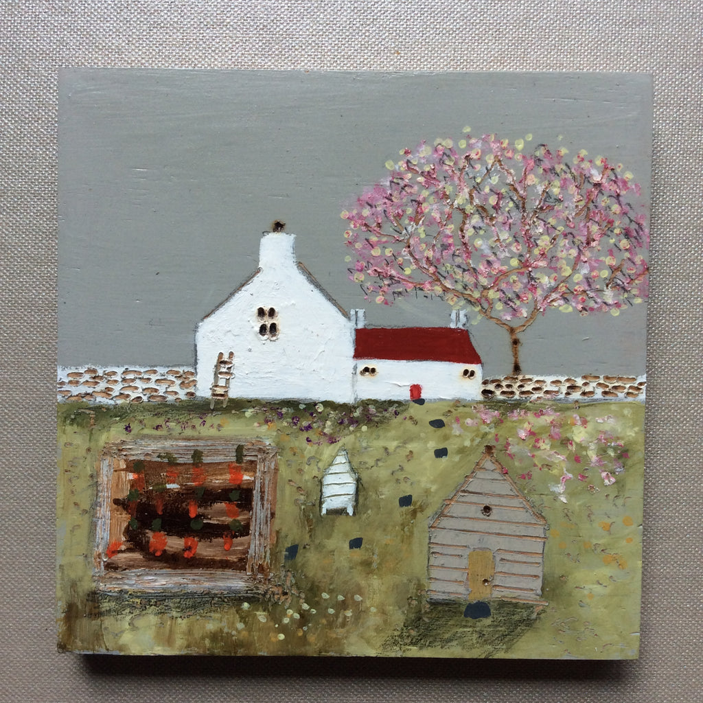 Mixed Media Art on wood By Louise O'Hara - "Carrots, Bees and a little grey shed”