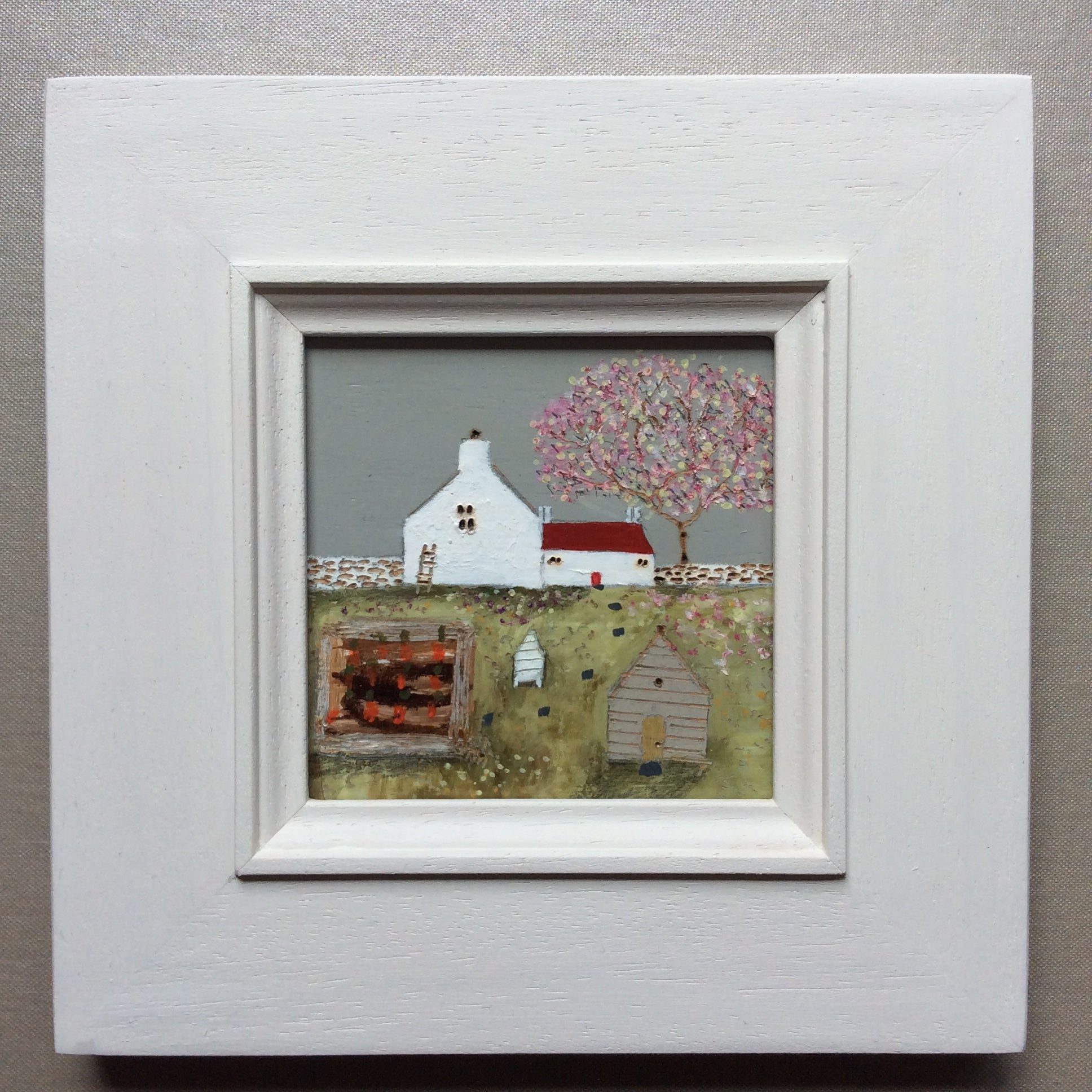 Mixed Media Art on wood By Louise O'Hara - "Carrots, Bees and a little grey shed”