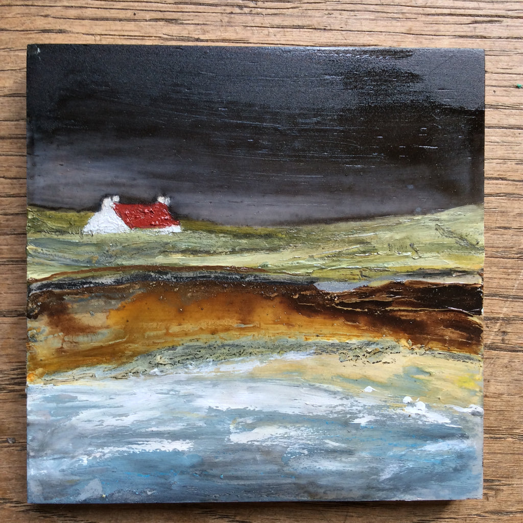 Mixed Media Art on wood By Louise O'Hara - "Cliff top meadow”