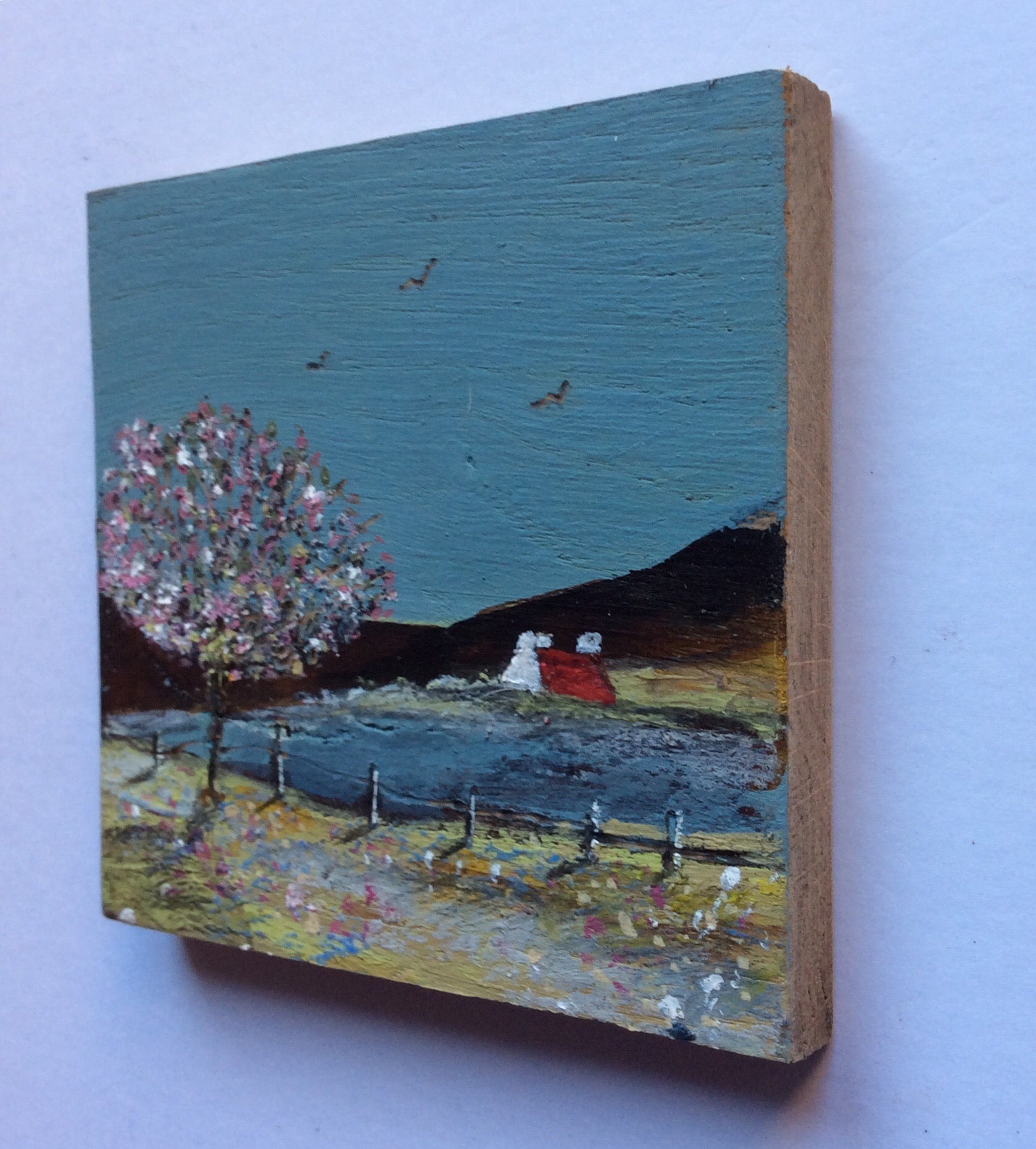 Mini Mixed Media Art on wood By Louise O'Hara - "Spring has arrived"