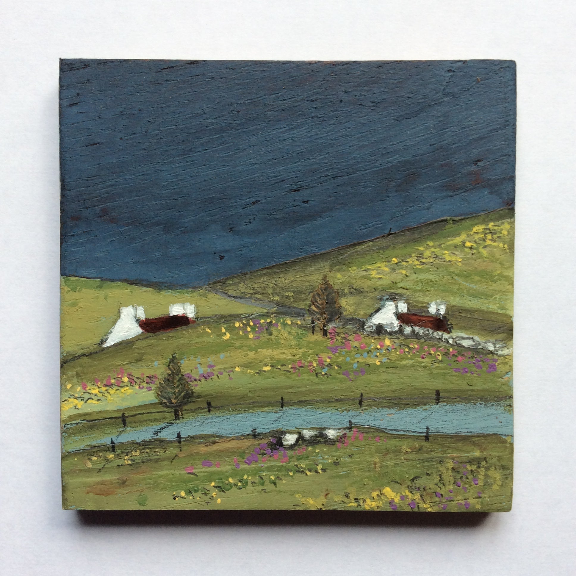 Mixed Media Art on wood By Louise O'Hara - "Under the dark sky lay lush green fields”