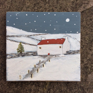 Mixed Media Art on wood By Louise O'Hara - "The White Cottage Down Farm lane”