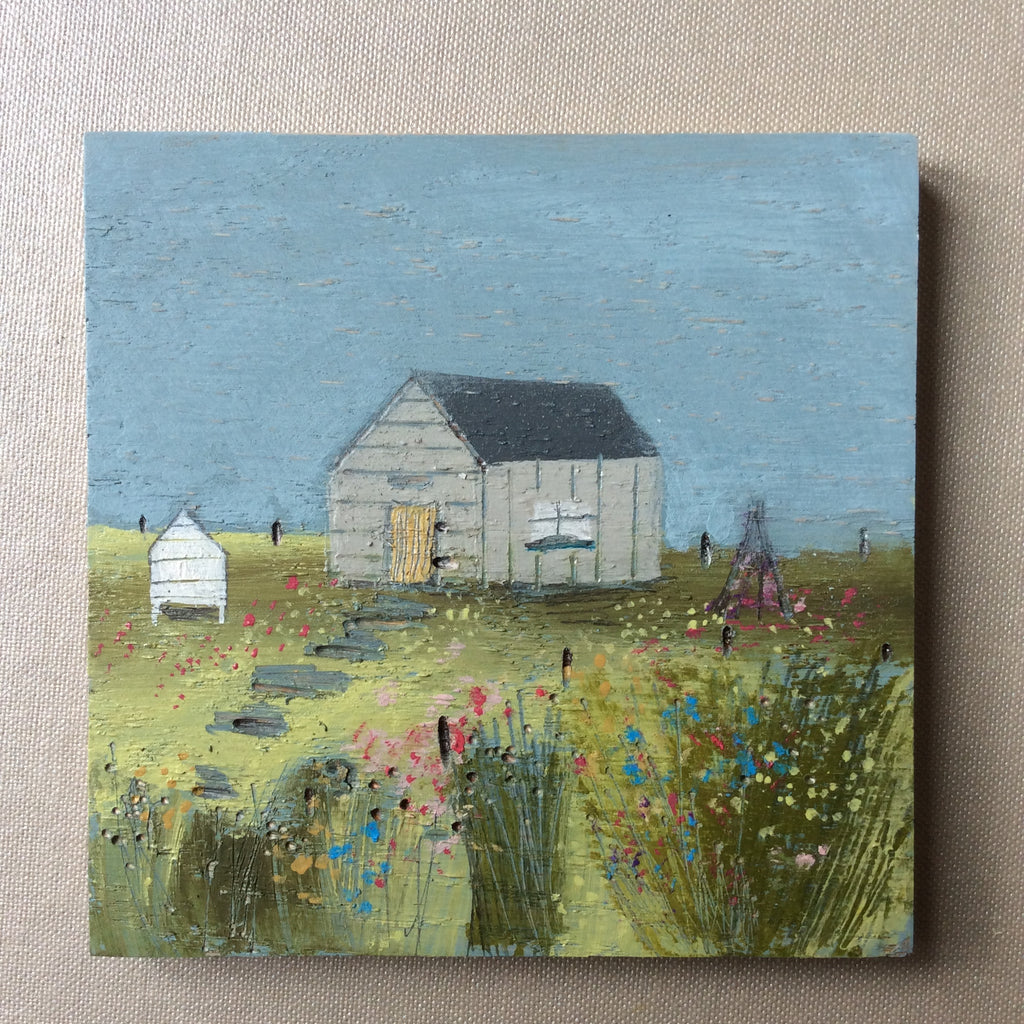 Mixed Media Art on wood By Louise O'Hara - "Down the allotment”