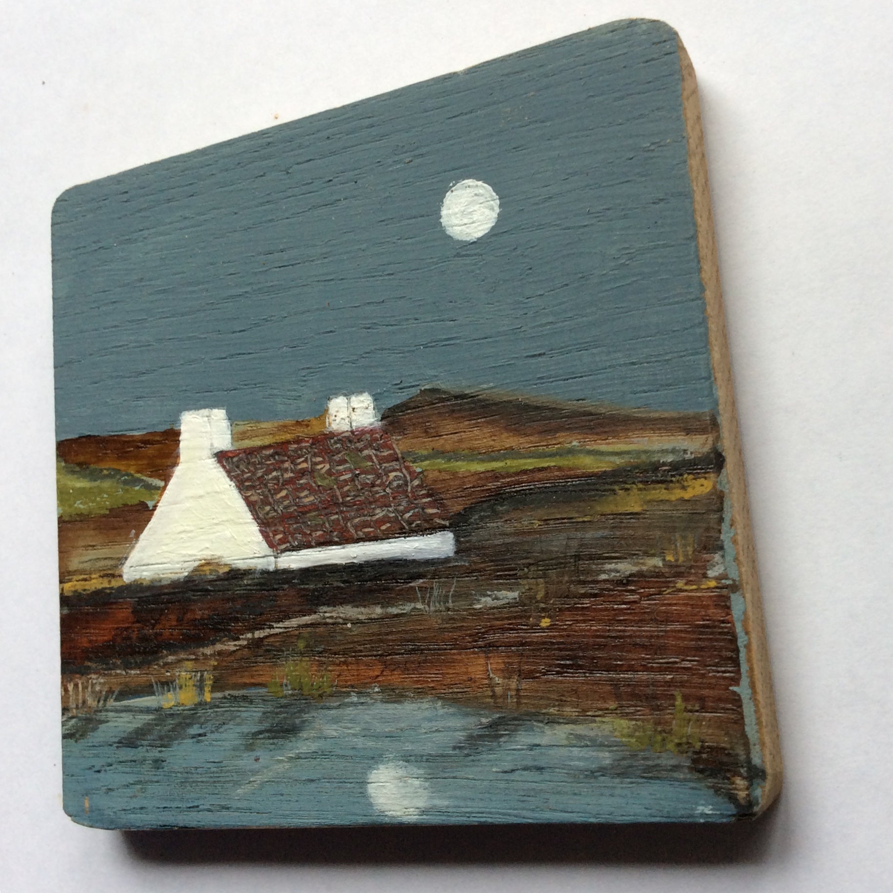 Mixed Media Art on wood By Louise O'Hara - "The old Croft house with the red tiled roof”