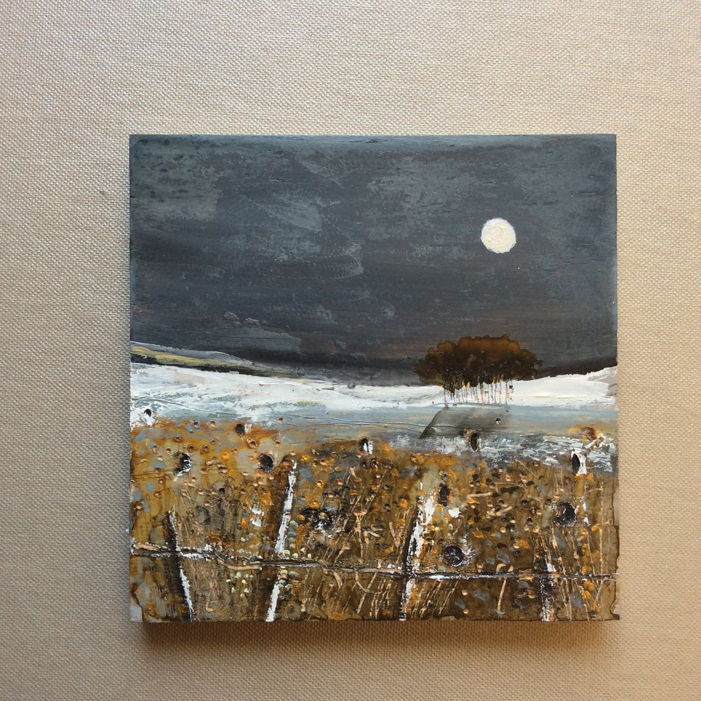 Mixed Media Art on wood By Louise O'Hara - "Shadows of a Wolf moon”