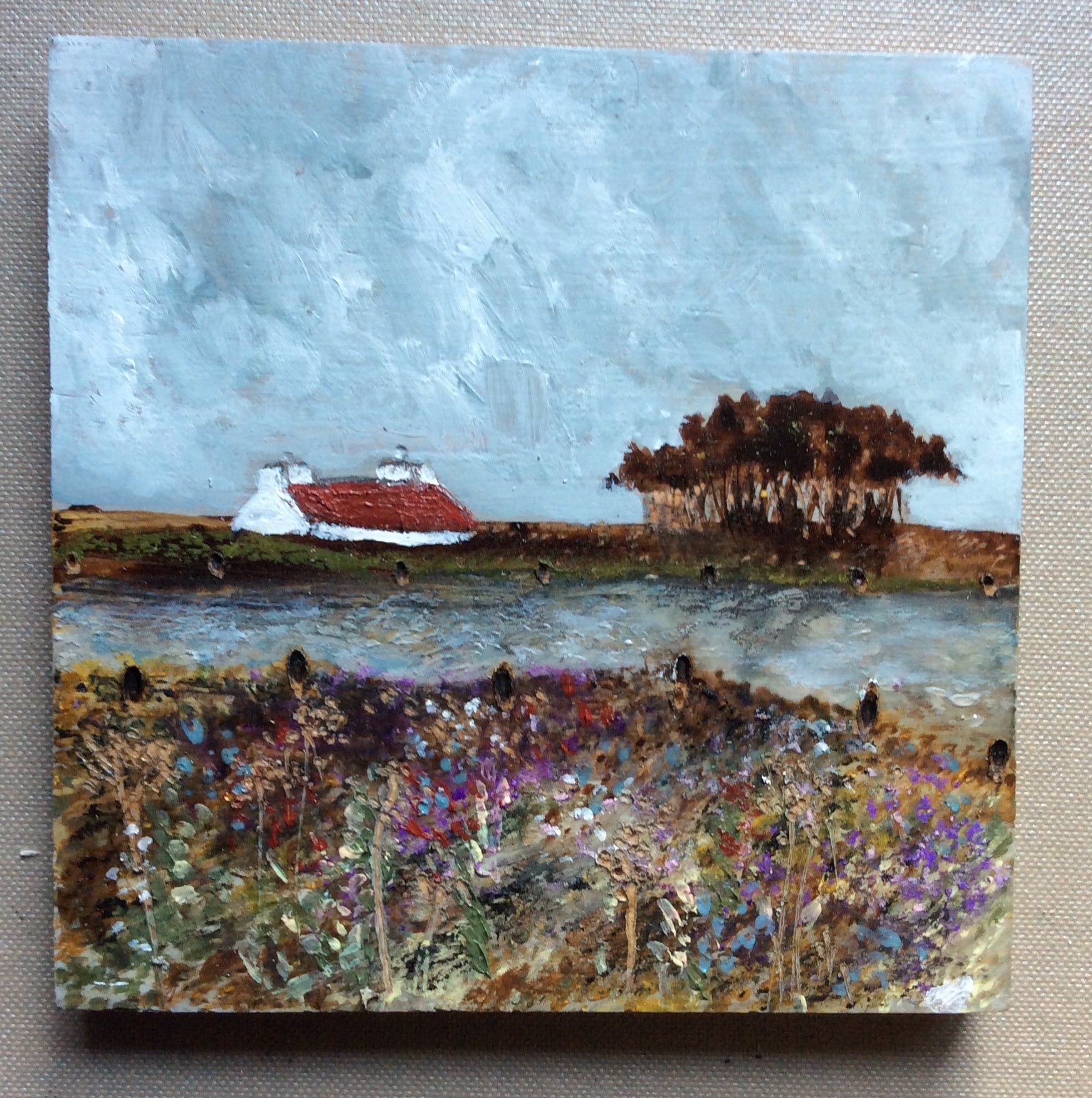 Mixed Media Art on wood By Louise O'Hara - "Thicket Cottage”