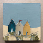 Mixed Media Art on wood By Louise O'Hara - "Three Little beach Huts”