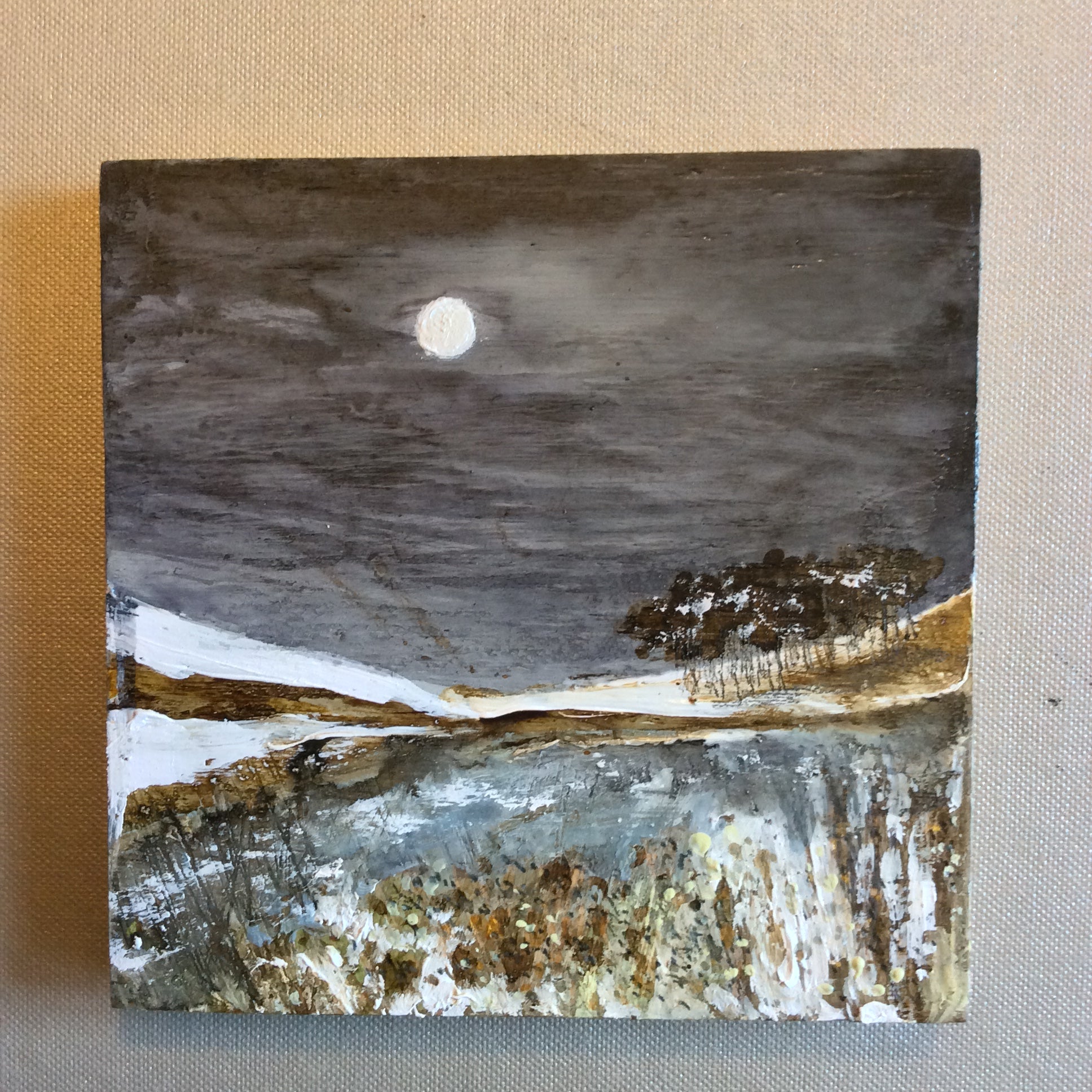 Mixed Media Art on wood By Louise O'Hara - "Wolf Moon on the Tarn”